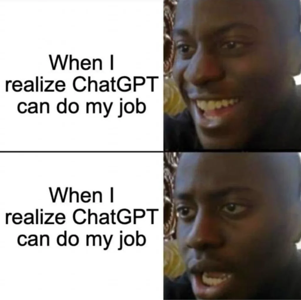 AI v práci – meme srovnávající nadšení a obavy z ChatGPT
